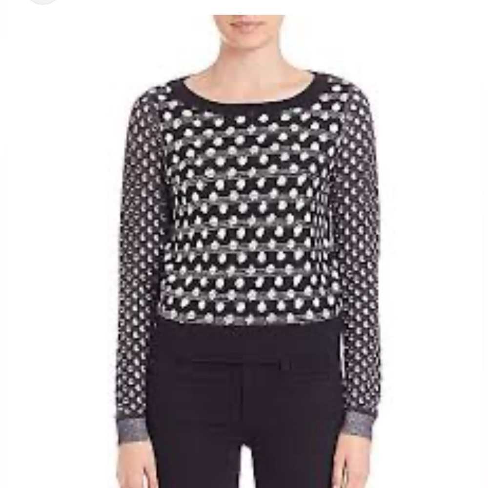 Diane Von Furstenberg Black White Polka Dot Sweater W/Mesh Sleeves Studded Trim